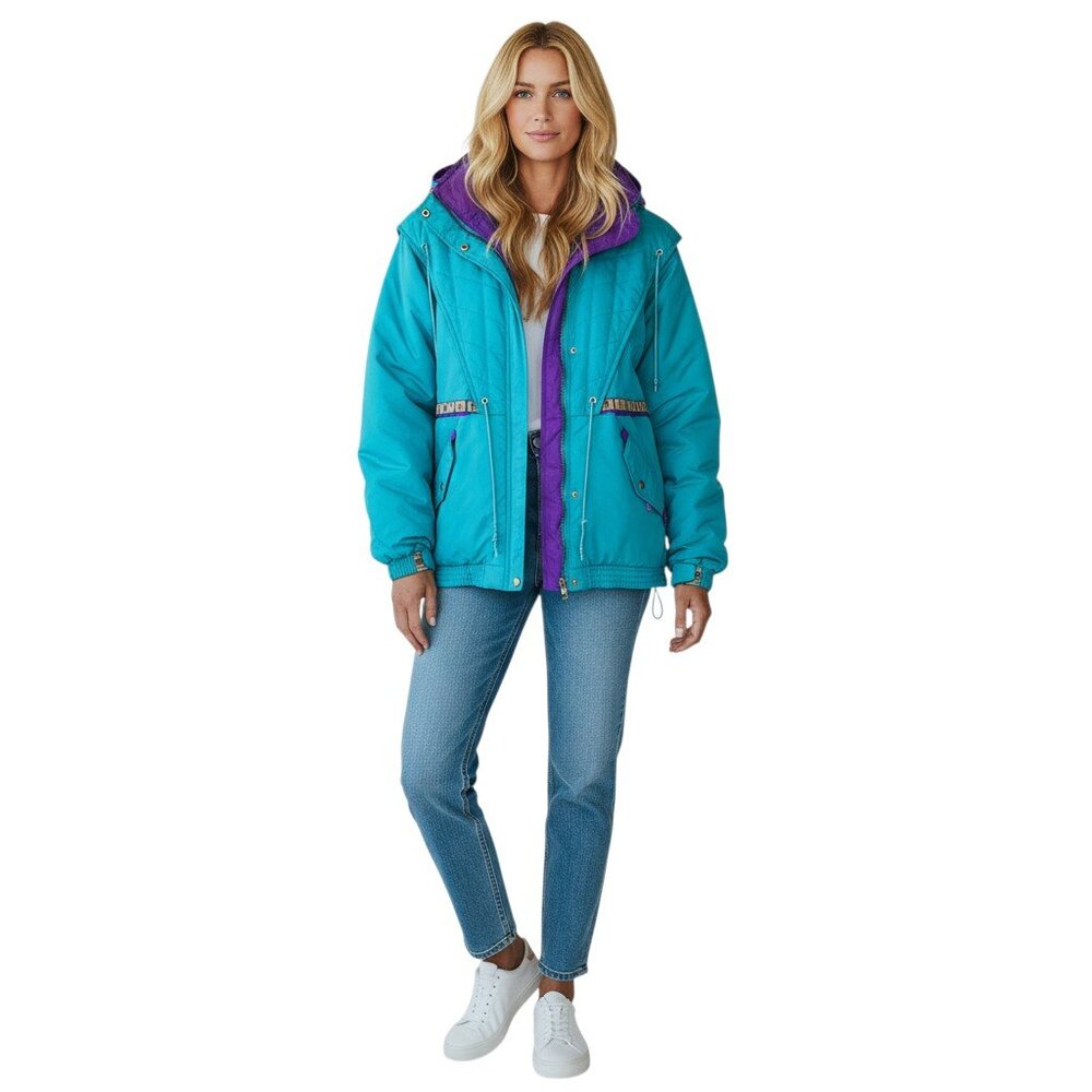 Vintage 1980s Purple Edelweiss Teal Turquoise Skiwear Snow Ski Jacket Large L